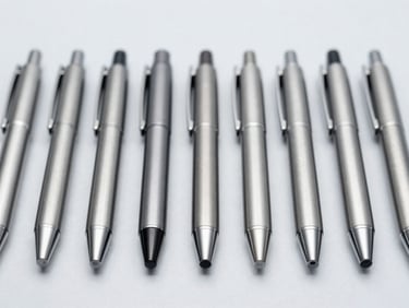 Close-up of premium corporate pens arranged in a neat row on a light gray background, bright high-key studio lighting, crisp details.