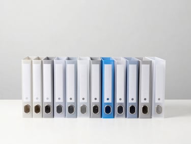 Organized desk organizational tools and binders on a neutral white background, clean B2B product photography, 50mm lens.