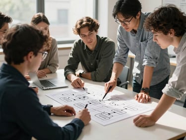 A bright, high-contrast collaborative workspace with a team reviewing a structured flow diagram on a table, natural daylight.