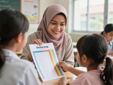 At child eye-level, a local female tutor in Semarang with a warm smile shows a colorful progress tracking chart to a mother and her young daughter in a bright, sunlit classroom.