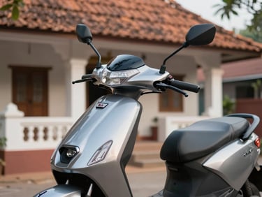 Close-up of a modern electric scooter parked outside a beautiful traditional Karnataka home, soft morning sunlight reflecting off the metallic paint