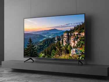 A sleek modern smart TV mounted on a minimalist wall panel, displaying a vibrant landscape scene