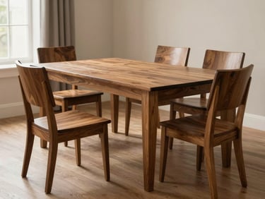 A beautifully crafted solid wood dining table set with elegant chairs in a warm, naturally lit dining room