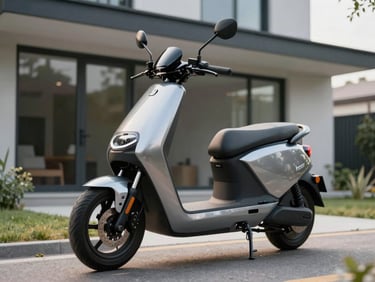 A premium modern electric scooter parked outside a contemporary home, metallic finish gleaming under soft daylight