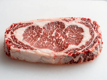 Close-up overhead of a raw beef ribeye steak on a white cutting board under flat studio light, showing deep red muscle color and visible fat marbling across the surface, no props, no garnish, tight frame filling the full width