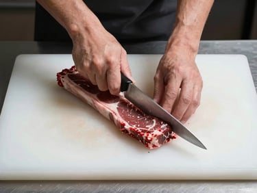 Tight overhead shot of a butcher's knife making a precise cut through a beef loin on a clean white cutting board under consistent overhead studio lighting, no styling props