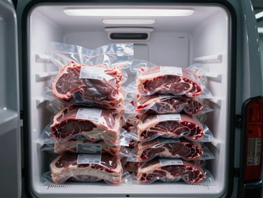 Straight-on shot of sealed and labeled vacuum-pack meat cuts stacked inside an open refrigerated delivery vehicle, cool interior lighting, clean white walls, no people