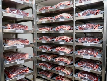 Wide shot of organized refrigerated storage racks holding vacuum-sealed meat cuts, uniform labels visible, cold white lighting illuminating clean stainless shelving, no people