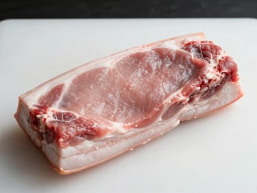 Overhead close-up of a fresh pork loin section on a clean white cutting board under flat studio light — pale pink muscle, clean fat layer visible, no garnish
