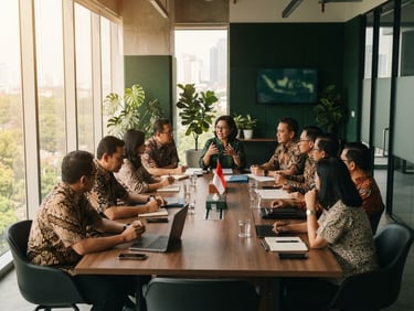 A professional group meeting of Indonesian community leaders in a modern conference room, warm daylight streaming through windows, deep forest green accents, professional editorial photography