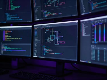 Cinematic close-up of a modern developer workspace with multiple screens displaying code and architectural diagrams, low-key lighting with subtle blue ambient glow, 35mm