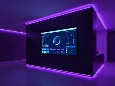 Architectural rendering of a modern, minimal clinic lobby with subtle neon violet lighting, sleek dark surfaces, and a digital display showing patient data, high-fidelity UI, 35mm