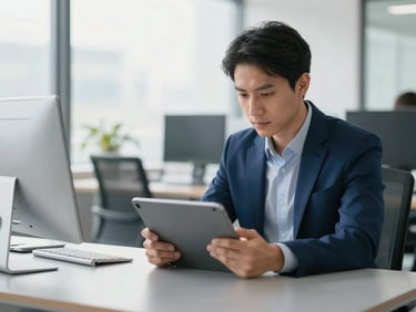 A hiring manager reviewing a digital candidate profile on a tablet, focused expression, modern office setting, natural light.