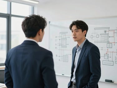 Two engineers having a focused discussion in a modern open-plan office, whiteboard with technical diagrams in the background, natural daylight.