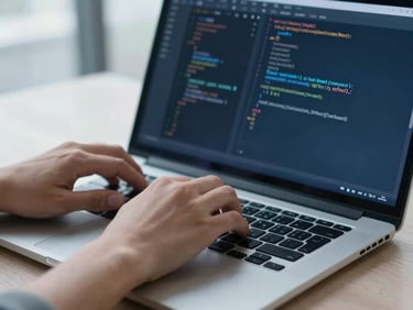 Hands of a software engineer typing code on a laptop, screen showing complex code, natural daylight, cool blue tones, shallow depth of field.