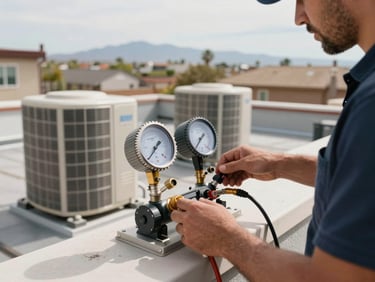Wide shot of an HVAC technician's hands using a manifold gauge set on a rooftop condenser unit, Mesa residential rooftop visible in background, natural daylight