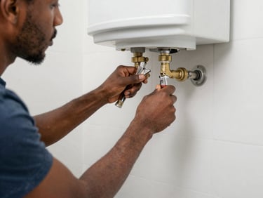 Tight shot of a plumber's hands connecting copper pipe fittings beneath a kitchen sink, natural light from an adjacent window, tools laid out on a work cloth below
