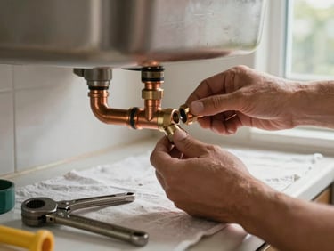 Tight shot of a plumber's hands connecting copper pipe fittings beneath a kitchen sink, natural light from an adjacent window, tools laid out on a work cloth below