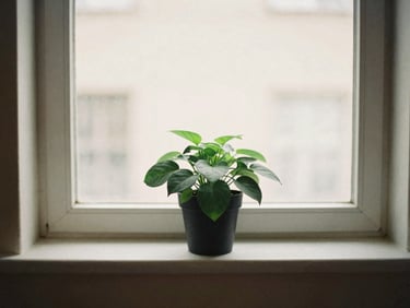 A single green plant sitting on a clean windowsill, soft diffused sunlight