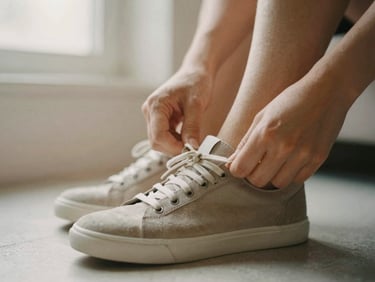 A person tying a neutral-toned sneaker in soft, warm morning light, close-up shot