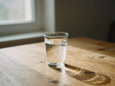 A clear glass of water on a rustic wooden table, morning window light casting long shadows