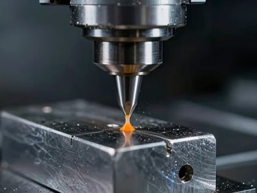 Macro close-up of a sharp CNC milling tool cutting a steel block, orange coolant spray, high-contrast industrial lighting, cool metallic tones, 50mm lens