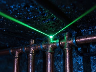 Macro shot of exposed copper water pipes in a dark, damp basement, illuminated by a sharp neon-green laser scan line, high-contrast low-light, cool blue key lights, 35mm