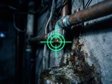 A close-up macro shot of a leaking copper pipe joint with high-contrast neon green targeting crosshairs overlaid, dramatic low-light utility room setting, 35mm