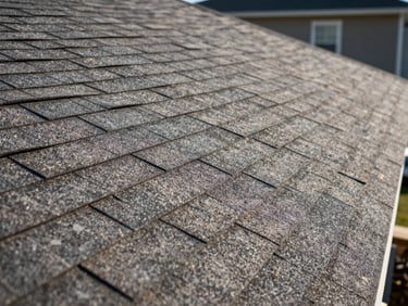 Close-up of freshly installed architectural shingles on a residential roof, morning daylight, tight framing on the overlap pattern and shadow lines, no people, documentary quality