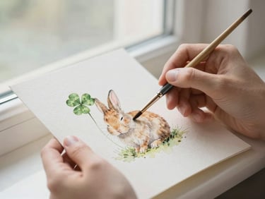 Hands holding a delicate paintbrush over a watercolor illustration of a tiny rabbit asleep under a clover leaf, soft diffused light, warm editorial