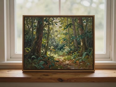 A finished framed oil painting of a sunlit forest clearing resting on a cozy wooden shelf, warm morning window light, soft focus, 35mm