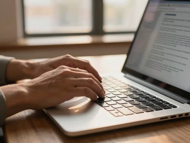 Close-up of hands on a laptop keyboard in a warmly lit co-working space, a bilingual document visible on screen, golden afternoon light from a nearby window