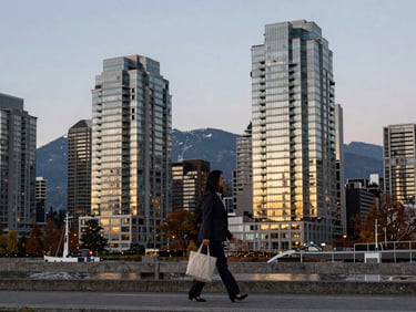 Medium-wide shot of downtown Vancouver at dusk, glass towers reflecting amber light, a Latina professional walking along a waterfront promenade with a tote bag, photographed from street level, mountains visible in the background through soft haze