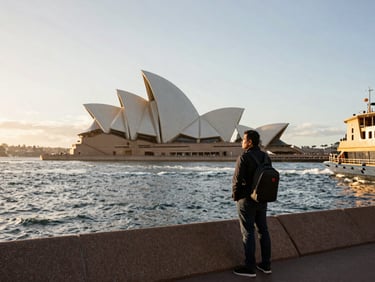 Wide street-level shot of Sydney's Circular Quay at golden hour, ferry wakes on the harbour, a Latin American man in his thirties with a laptop bag pausing to look at the Opera House sails, photographed from mid-distance with warm backlighting