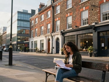Morning light on a London street in Shoreditch, Victorian brick buildings alongside modern offices, a young Latina woman reviewing documents on a bench outside a co-working space, warm north-facing daylight, photographed at medium distance