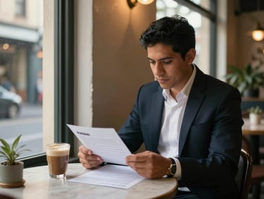 Melbourne laneway café at morning light, a Latino professional reviewing a printed job offer letter at a small table, flat white coffee beside it, warm directional light through a narrow alley window