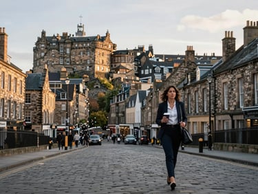 Wide panoramic shot of Edinburgh Old Town at soft morning light, cobblestone street in the foreground, a Latina professional walking with a coffee cup and shoulder bag, warm north-facing daylight, castle visible on the hill in the background