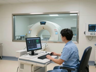 Wide view of a hospital imaging suite control area, technologist seated at a console with MRI scan parameters on screen, large observation window into scanner room visible behind, clinical institutional lighting