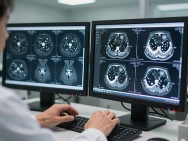 Close-up overhead view of a radiologist's hands at a dual-monitor diagnostic workstation, CT scan images filling both screens, clinical reading room environment, soft fluorescent overhead light