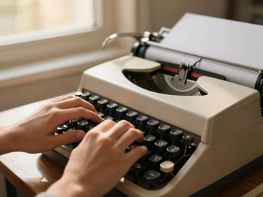 Hands typing on a classic mechanical typewriter, warm sunbeams filtering through a window.