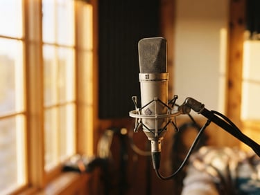 A close-up of a vintage condenser microphone in a warm, sunlit recording booth, soft golden-hour light filtering through a window, shallow depth of field, 35mm