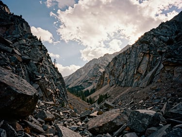 Dramatic low-angle shot of a rocky mountain pass in the Sawtooths, sunlight piercing through clouds, sharp granite ridges