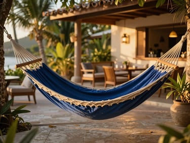 Warm editorial travel photography, golden hour, a luxurious boutique hotel lounge in Bahia, open air, hammock, tropical foliage, rich textures, 35mm.