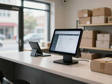 Wide shot of a small retail storefront counter with a point-of-sale tablet displaying an order dashboard, daylight from a street-facing window illuminating the workspace, a tidy stack of shipping boxes visible in the background