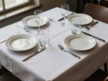Overhead shot of a restaurant table set for service, ceramic dishes and glassware on a linen cloth, daylight from a nearby window, no people visible, functional and clean
