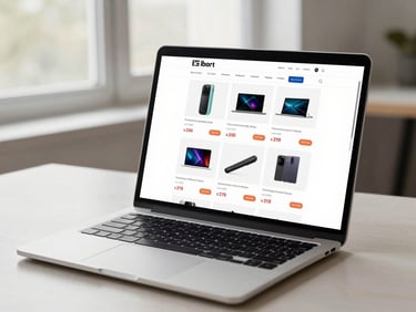Wide-angle view of a laptop screen showing an ecommerce product listing page with grid of products, prices, and Add to Cart buttons visible, placed on a clean light desk under diffused north-facing window light