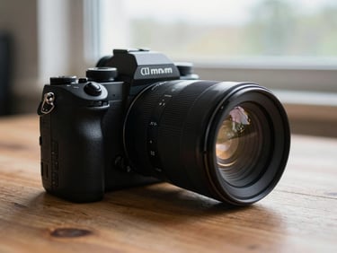 Close-up of a camera body and prime lens resting on a wooden table near a window, natural overcast light, shallow depth of field, no people