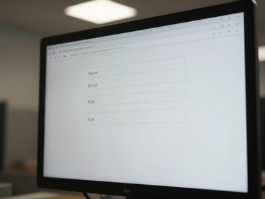 Close-up documentary frame, a sparse web form on a monitor screen showing three fields — name, email, role — under cool overhead office light, no decoration, neutral background wall visible at left edge