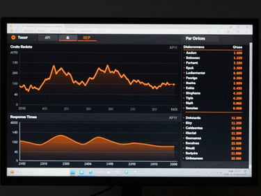 Straight-on screenshot of a clean telemetry dashboard displaying system load, response times, and API performance metrics, high contrast monochrome with bright orange indicators