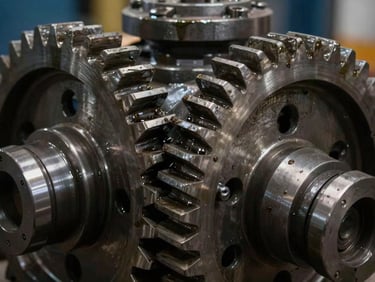 Extreme close-up of heavy machinery gears, clean steel and grease, low-contrast shadows, industrial asset.